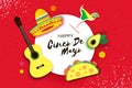 Happy Cinco de Mayo Banner. Sombrero hat, fan, tacos. Mexico, Carnival. Circle frame. Space for text. Red background. Royalty Free Stock Photo