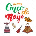 Happy Cinco de Mayo greeting card Hand lettering. Mexican holiday. vector illustration on white background. Royalty Free Stock Photo