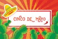 Happy Cinco de Mayo Greeting card. Origami Mexican sombrero hat, succulents and red chili pepper. Rectangle frame Royalty Free Stock Photo