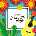 Happy Cinco de Mayo Greeting card. Paper Fan, Cactus in paper cut style. Mexico, Carnival. Square frame. Space for text Royalty Free Stock Photo
