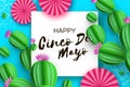 Happy Cinco de Mayo Greeting card. Pink Paper Fan and Cactus in paper cut style. Mexico, Carnival. Square frame on sky