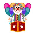 Happy circus clown on a surprise box