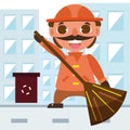 Happy cleaner worker cartoon character holding a broom Vector