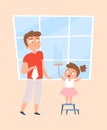 Happy cleaning. Girl washing windows. Family cleaning, householding. Father and daughter clean glass vector illustration