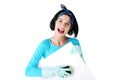 Happy cleaning woman showing blank sign board. Royalty Free Stock Photo