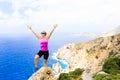 Happy climber woman winner reaching life goal success Royalty Free Stock Photo