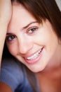 Happy, closeup and portrait of woman with beauty and positive attitude, confidence and smile in home. Attractive, relax