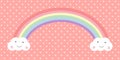 Happy clouds and rainbow on heart polka dot in pastel pink background pattern