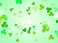 Happy clover leafs for St. Patrick`s day in green color background