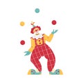 Happy clown juggling balls, flat vector illustration isolated on white. Royalty Free Stock Photo