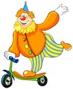 Happy clown riding a scooter.