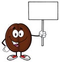 Happy Coffee Bean Cartoon Mascot Character Holding A Blank Sign