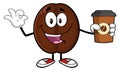 Happy Coffee Bean Cartoon Mascot Character Holding A Coffee Cup And Gesturing Ok