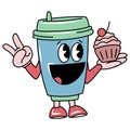Happy Coffee Cup groovy Character Holding Cupcake Royalty Free Stock Photo