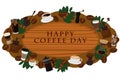 Happy coffee day wooden signboard decorated with coffee items, beans and drinks vector