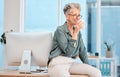 Happy, coffee and glasses with a female leader, CEO or manager drinking a beverage in a work office. Thinking Royalty Free Stock Photo