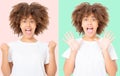 Happy collage of young dark skin woman on colorful background in tshirt clothes. Copy space. Mock up. White template Royalty Free Stock Photo