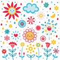 Happy colorful flowers, sun, clouds, and rain Royalty Free Stock Photo