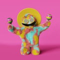 Happy colorful furry Yeti Mexican sombrero hat mustache maracas dancing 3d rendering Cinco de Mayo advertising banner