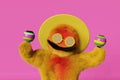 Happy colorful furry Yeti Mexican sombrero hat mustache maracas dancing 3d rendering Cinco de Mayo advertising banner