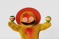 Happy colorful furry Yeti Mexican sombrero hat mustache maracas dancing 3d rendering Cinco de Mayo advertising banner