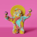 Happy colorful furry Yeti Mexican sombrero hat traditional maracas dancing 3d rendering cartoon spanish latino character