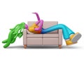 Happy colorful person lie down and play mobile phone