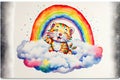 Happy Colorful rainbow baby Tiger cub on a cloud watercolor Royalty Free Stock Photo