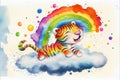 Happy Colorful rainbow baby Tiger cub on a cloud watercolor Royalty Free Stock Photo