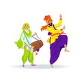 Happy colorful Sikh couple, girl playing dhol drum and bearded man in turban dancing bhangra