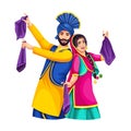 Happy colorful Sikh couple, bearded man in turban dancing bhangra, joyful young lady in pink Punjabi suit dancing in an event