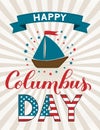 Happy Columbus Day calligraphy hand lettering retro striped background. America discover holiday typography poster Easy to edit