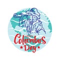 Happy columbus day with cartoon columbus looking at spyglass