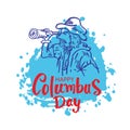 Happy columbus day with cartoon columbus looking at spyglass