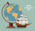 Happy columbus day celebration with sail boat and world map