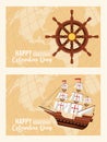 Happy columbus day celebration with ship rudder and caravel