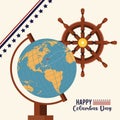 Happy columbus day celebration with world map and ship rudder