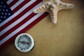 Happy Columbus Day concept. Compass with American flag on vintage background