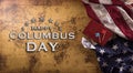 Happy Columbus Day concept. Vintage American flag, compass, paper boat, rope on retro treasure manuscript