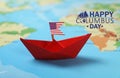 Happy Columbus Day. Red paper boat with American flag on world map Royalty Free Stock Photo