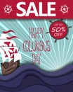 Happy Columbus Day sale Background with ship and waves