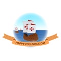 Happy Columbus day vector background with ships or caravels and ribbon.