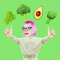 Happy Comic Vegan Girl character Eat fruits and vegetables. Minimal collage art. Healthy plant foods, eco, bio, fresh and vitamins