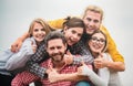 Happy company students best friends making selfies. Group young people posing together with thumb up. Multi ethnic Royalty Free Stock Photo