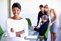 Happy, confidence and portrait of a businesswoman in a meeting in a modern corporate office. Happiness, success and Royalty Free Stock Photo