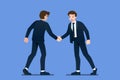 Happy confident businessman character are shaking hand each other. Business people first meeting and greeting with firm handshake