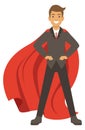 Happy confident businessman with super work powers in red cape. Cartoon character
