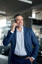 Happy confident middle aged business man talking on mobile phone in office. Royalty Free Stock Photo