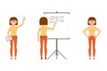 Happy, confident woman in orange pants vector illustration. Standing with notes, waving hello, writing on flipchart girl character