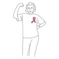 Happy confident woman showing muscle, pink ribbon badge for Breast Cancer Awareness Month. black and white simple